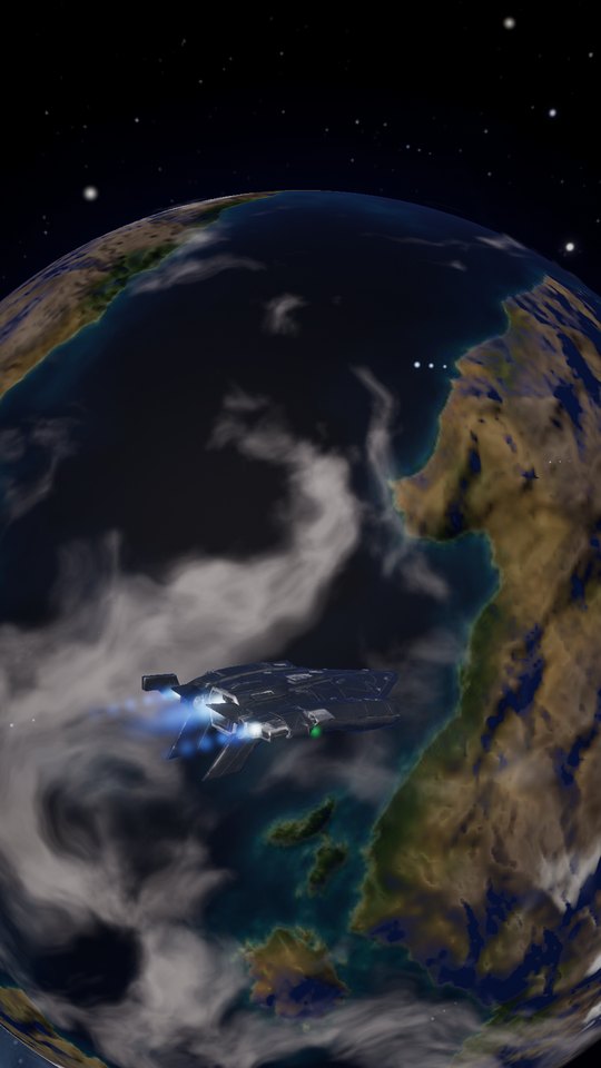 A starship flying past an alien planet