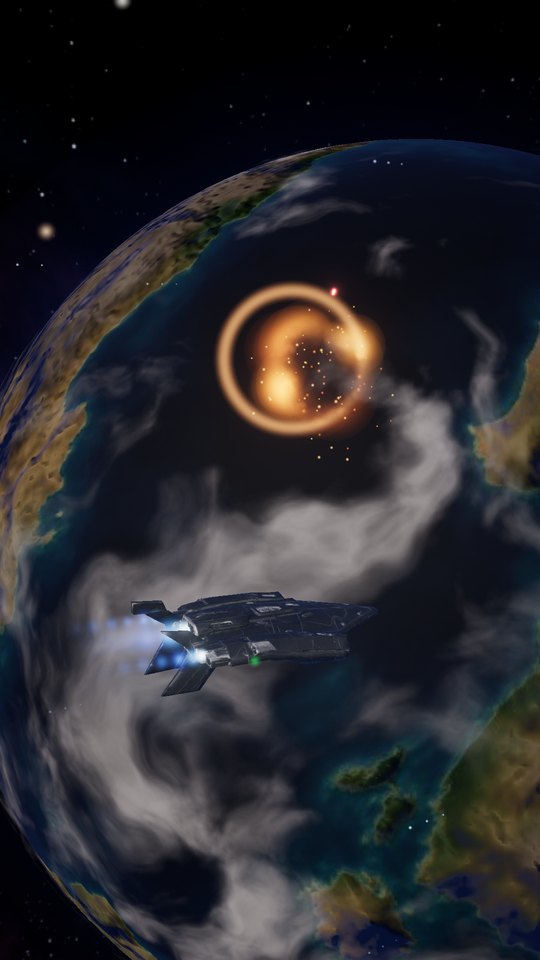 An asteroid blown apart by the ship's lasers