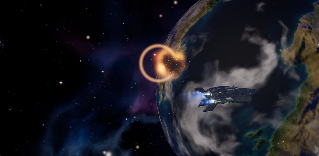 A starship shooting down an asteroid over an alien planet