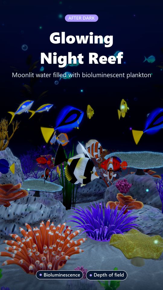 Glowing night reef with bioluminescent plankton