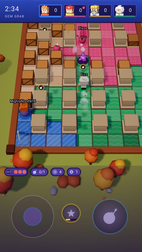 A Gem Grab match on a board painted in four colours