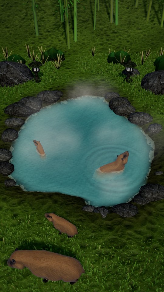A capybara family at a steaming hot spring