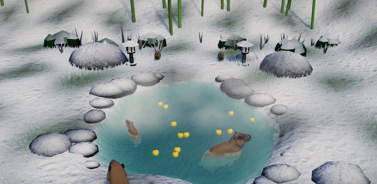 Capybaras at a snowy hot spring full of yuzu
