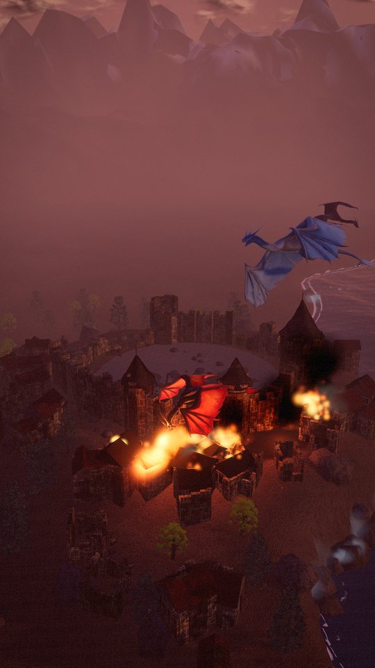 Dragons setting the town on fire at sunset