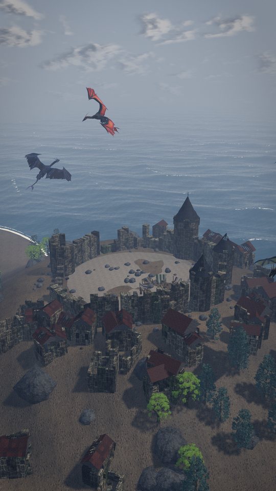 Dragons over a ruined citadel by the sea