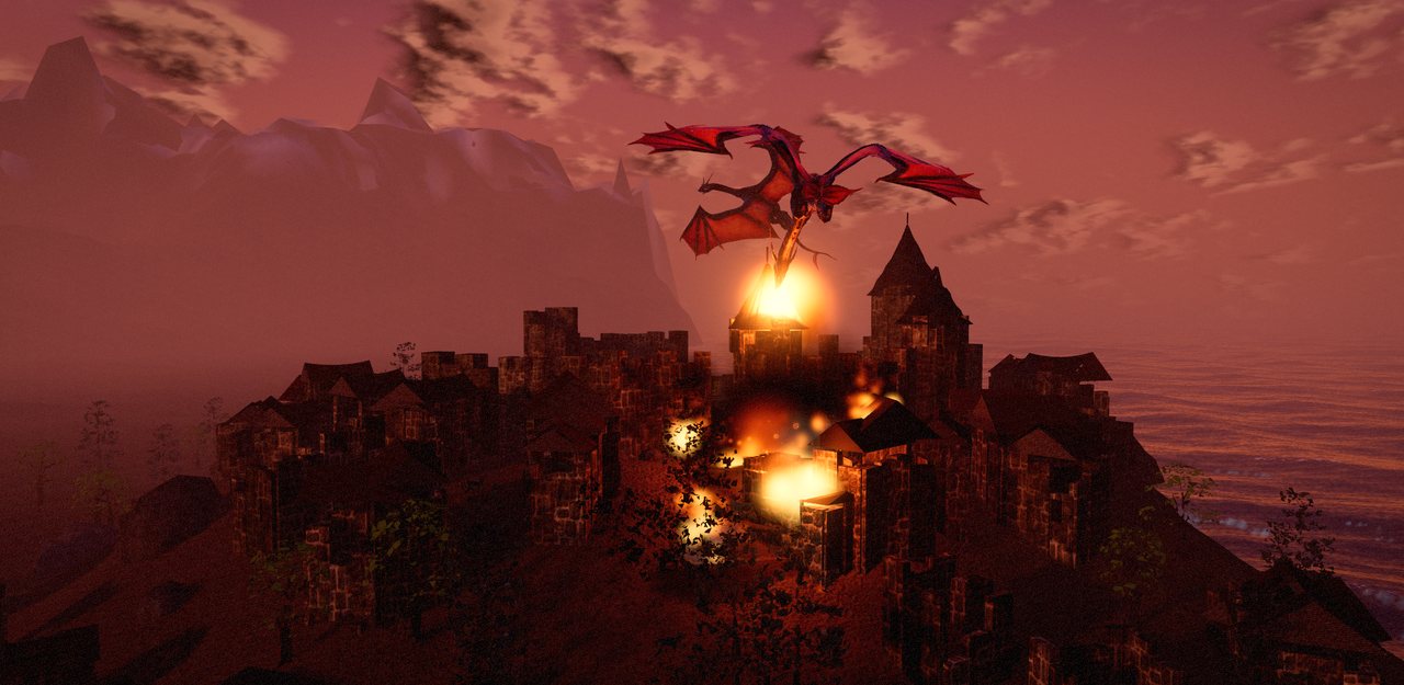 A fire dragon breathing on the citadel at dusk