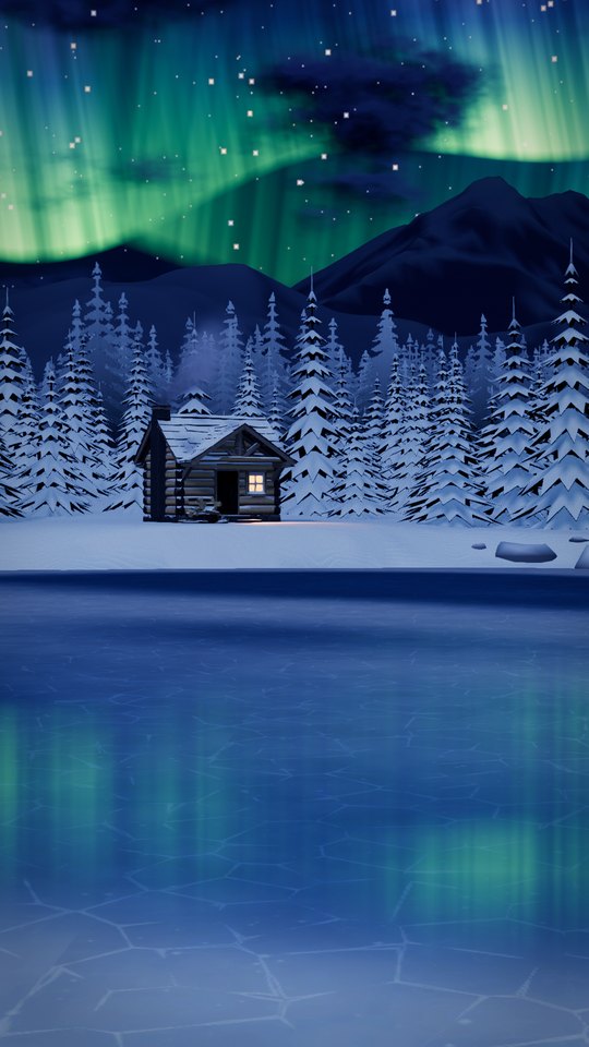 Northern lights over a log cabin by a frozen lake