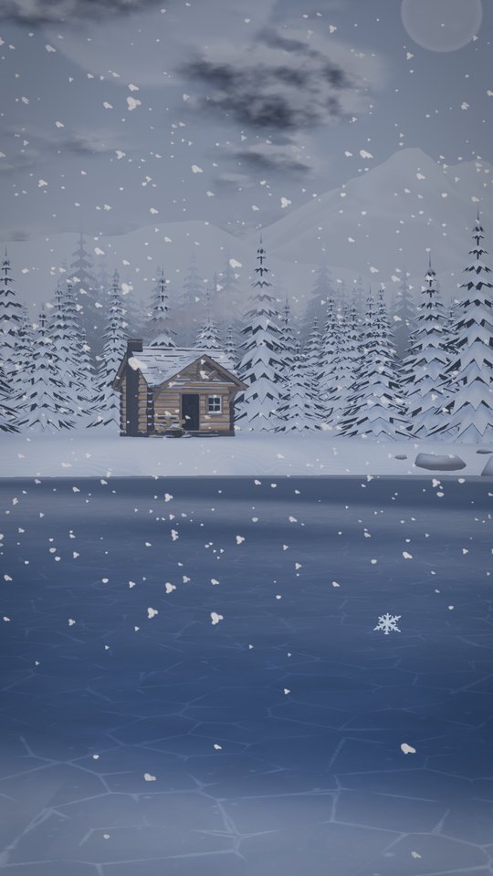 Snow falling on a cabin in a pine forest