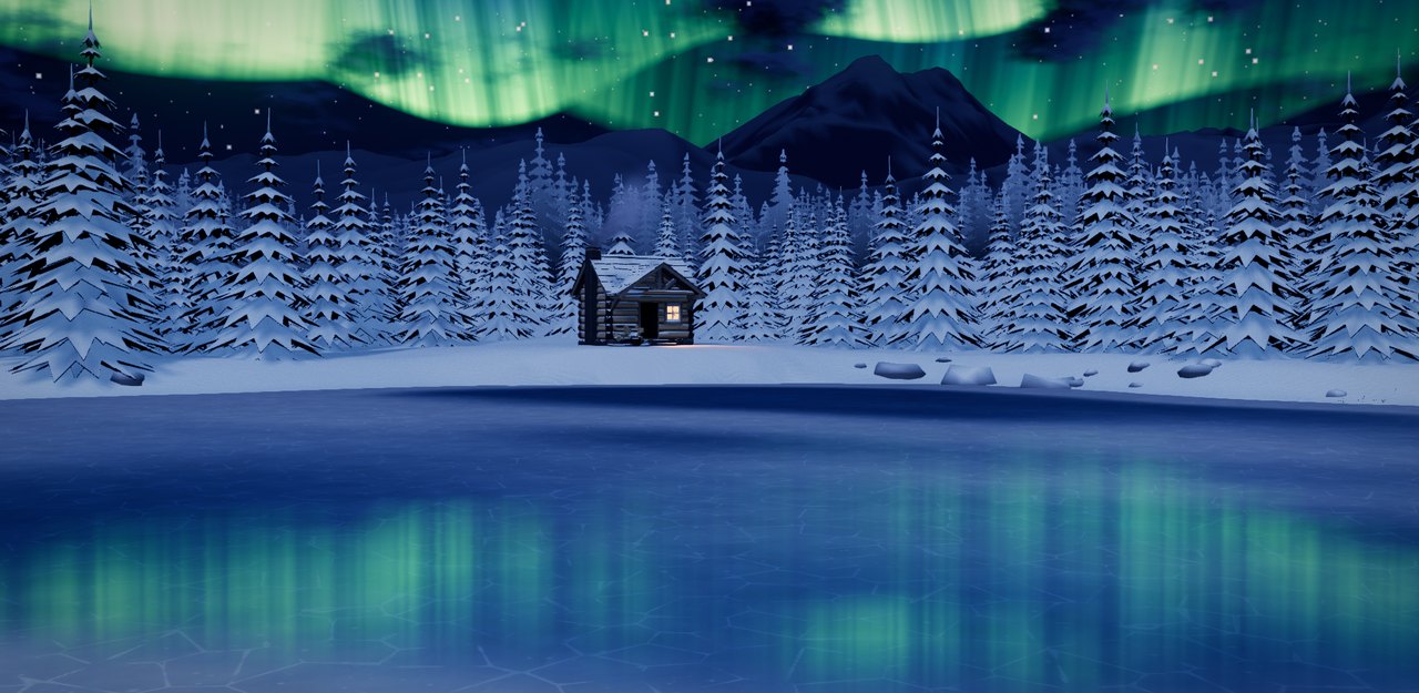 Northern lights over the cabin, reflected in the frozen lake