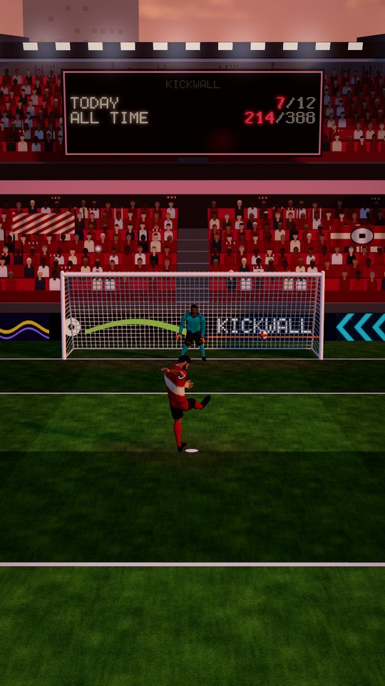 A striker curling a penalty toward the top corner at sunset