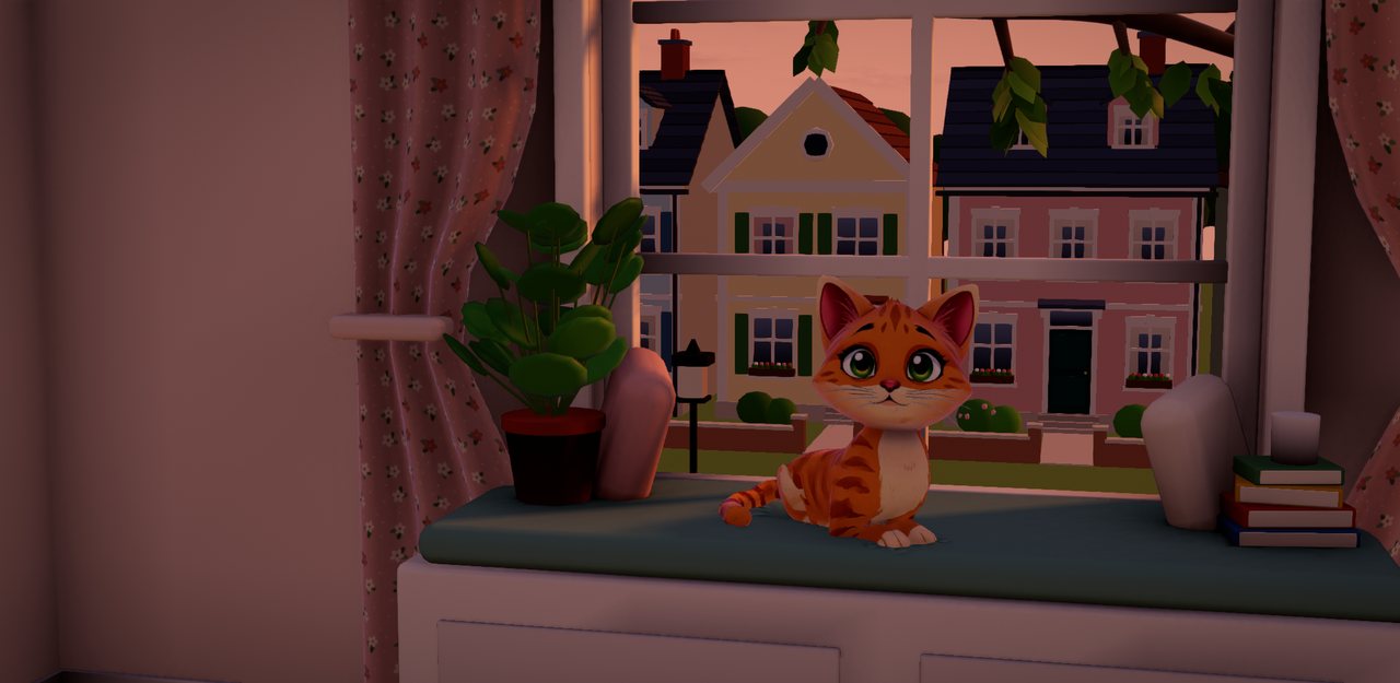 The cat on its cushion in the golden evening light