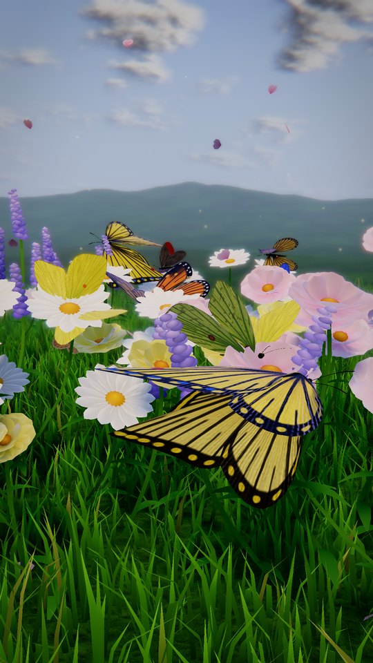 A yellow swallowtail butterfly over spring flowers