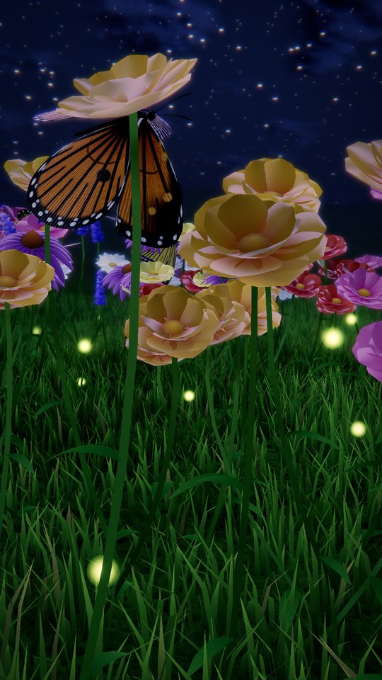 Fireflies over the meadow at night