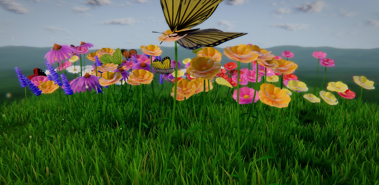 Butterflies over a summer meadow of wildflowers